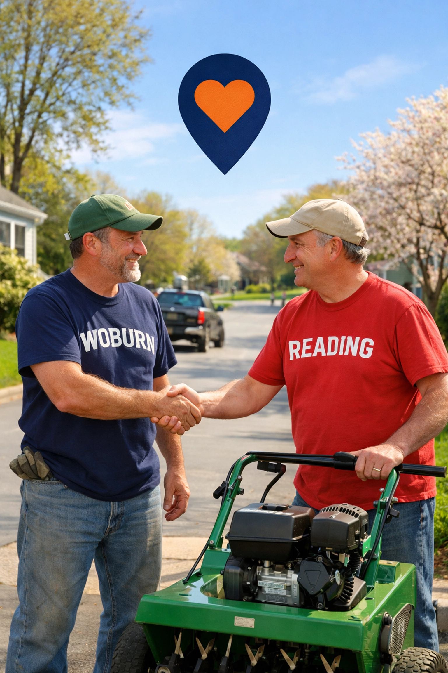 Neighbors in Woburn and Reading sharing a core aerator through local tool rental.