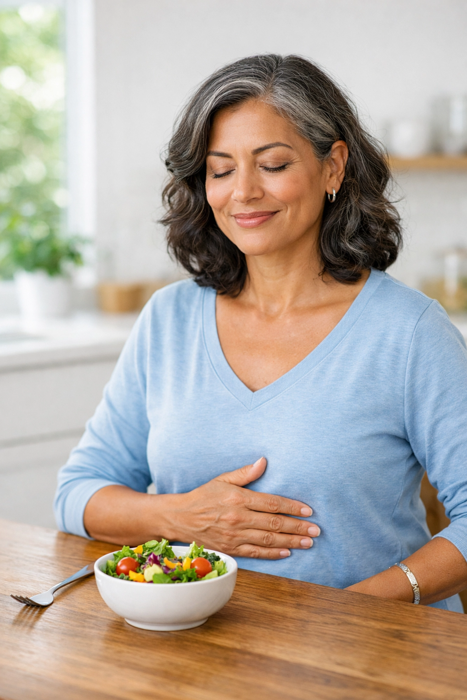 Woman enjoying a healthy meal, illustrating appetite control as part of a Wegovy weight loss journey.