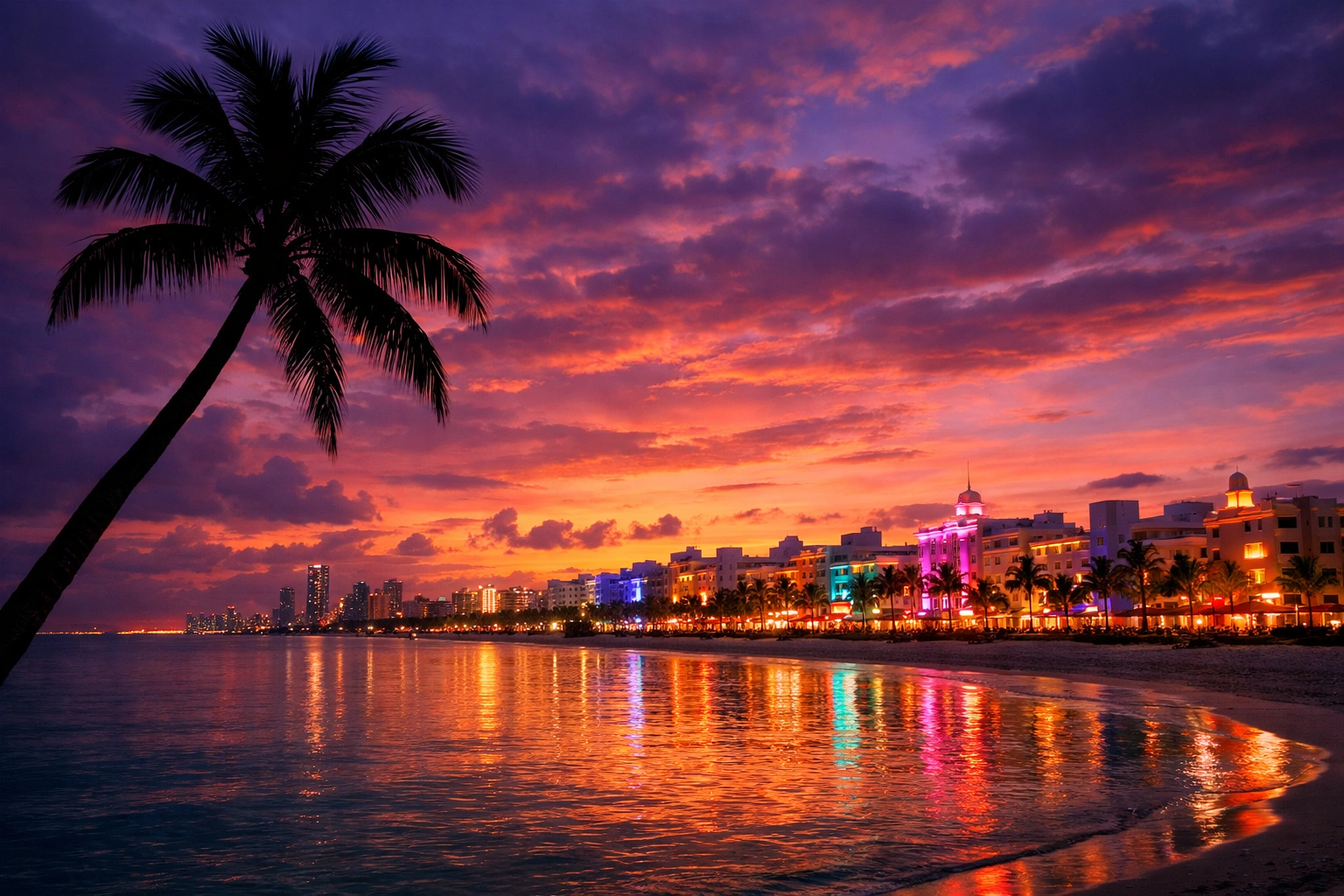 Vibrant fine art photography miami of the South Beach shoreline at sunset with Art Deco lights and palm trees.