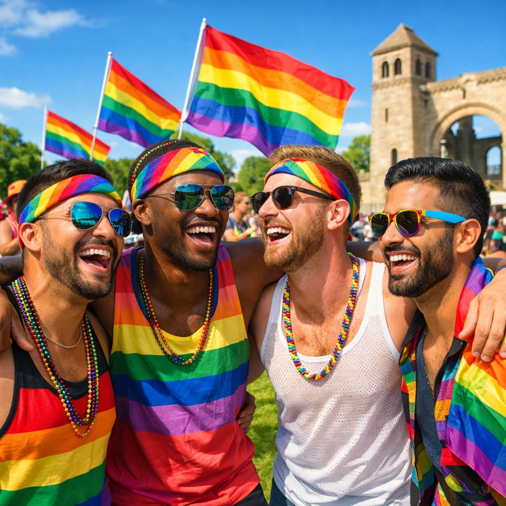 LGBTQ+ friends celebrating Winnipeg Pride with rainbow flags in summer