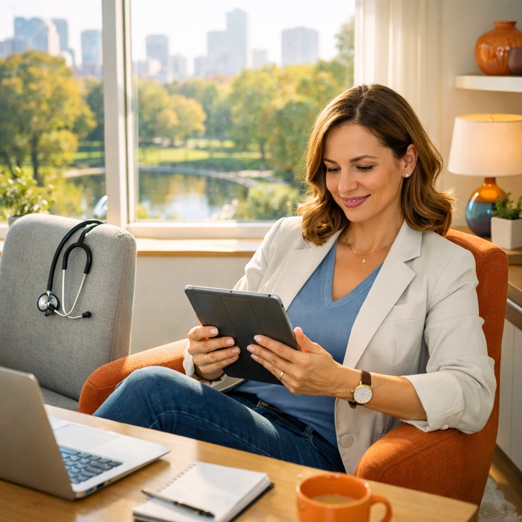 A female locums physician enjoying career flexibility while working from a modern home office.