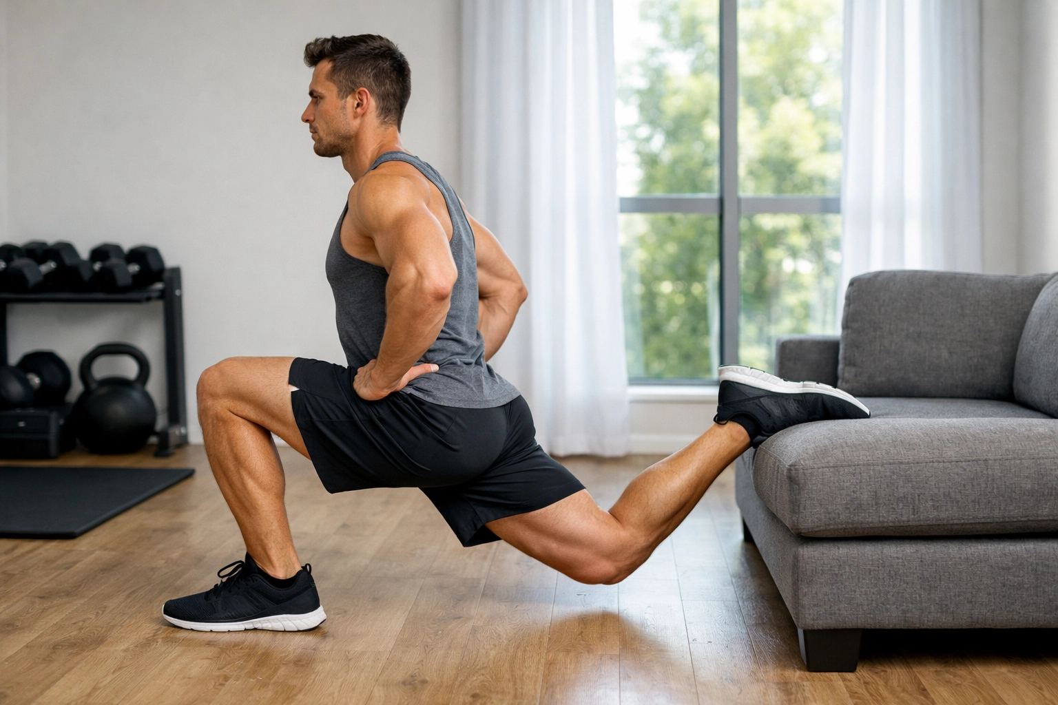 Athlete demonstrating Bulgarian split squat using couch in home workout space