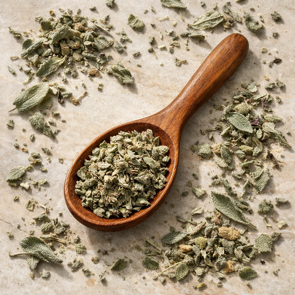 High-quality dried sage leaves and a wooden spoon on a natural stone surface.