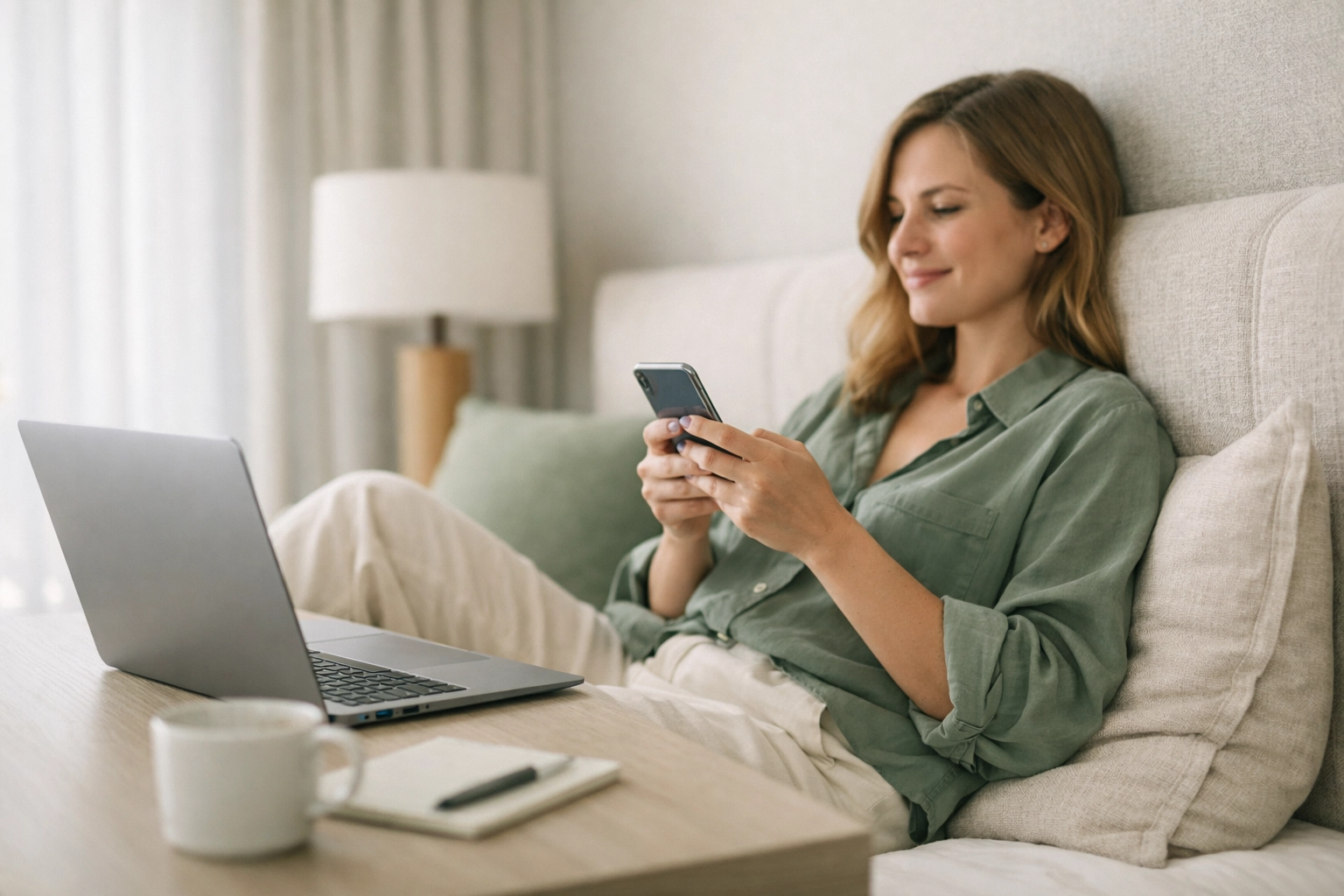 A guest in a suite using a smartphone, showing personalized service from a connected hotel PMS.