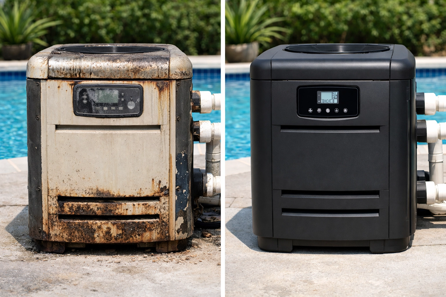 Old corroded pool heater next to new replacement unit showing condition comparison