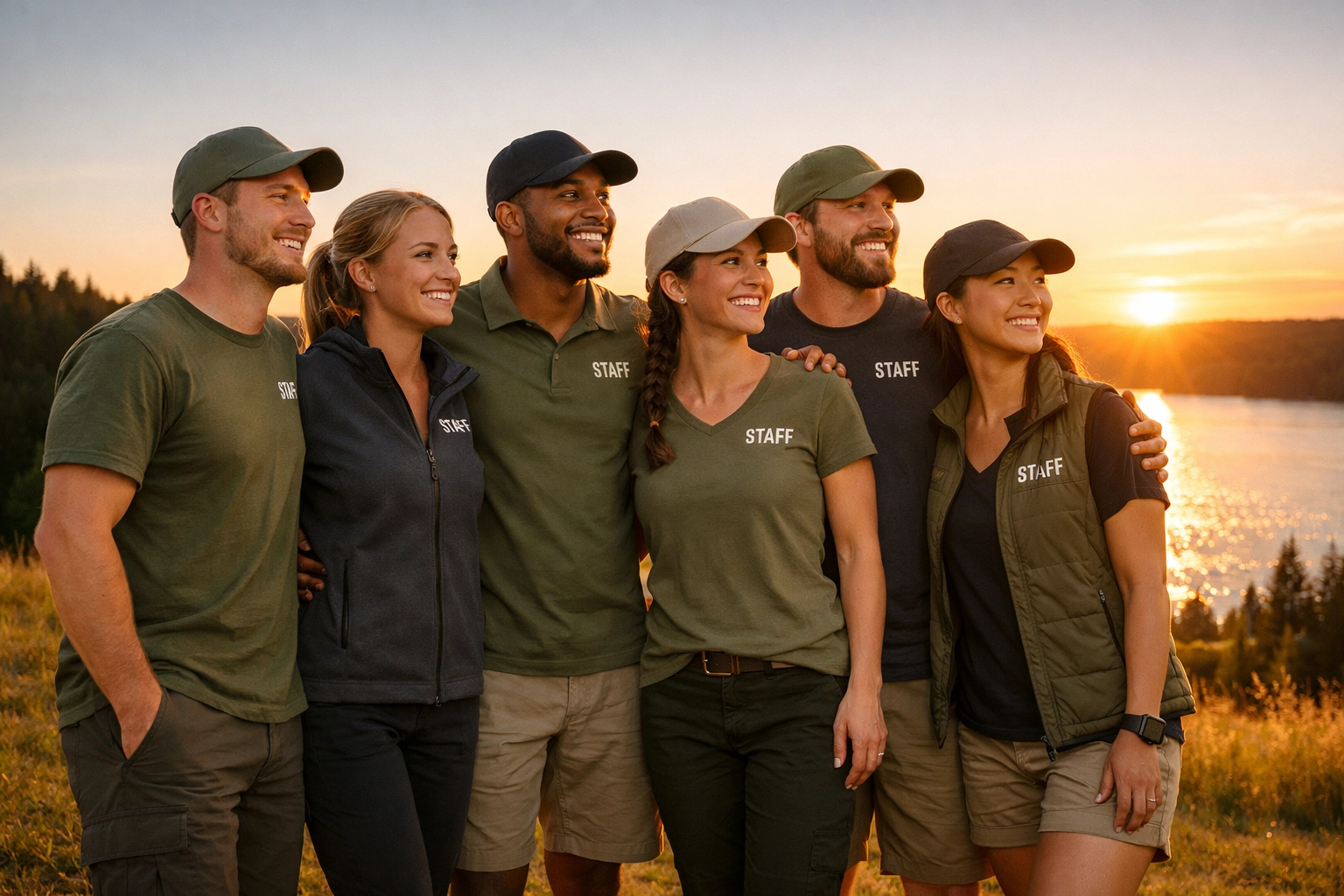 Camp counselors in stylish olive green and charcoal staff shirts standing together by a lake at sunset.