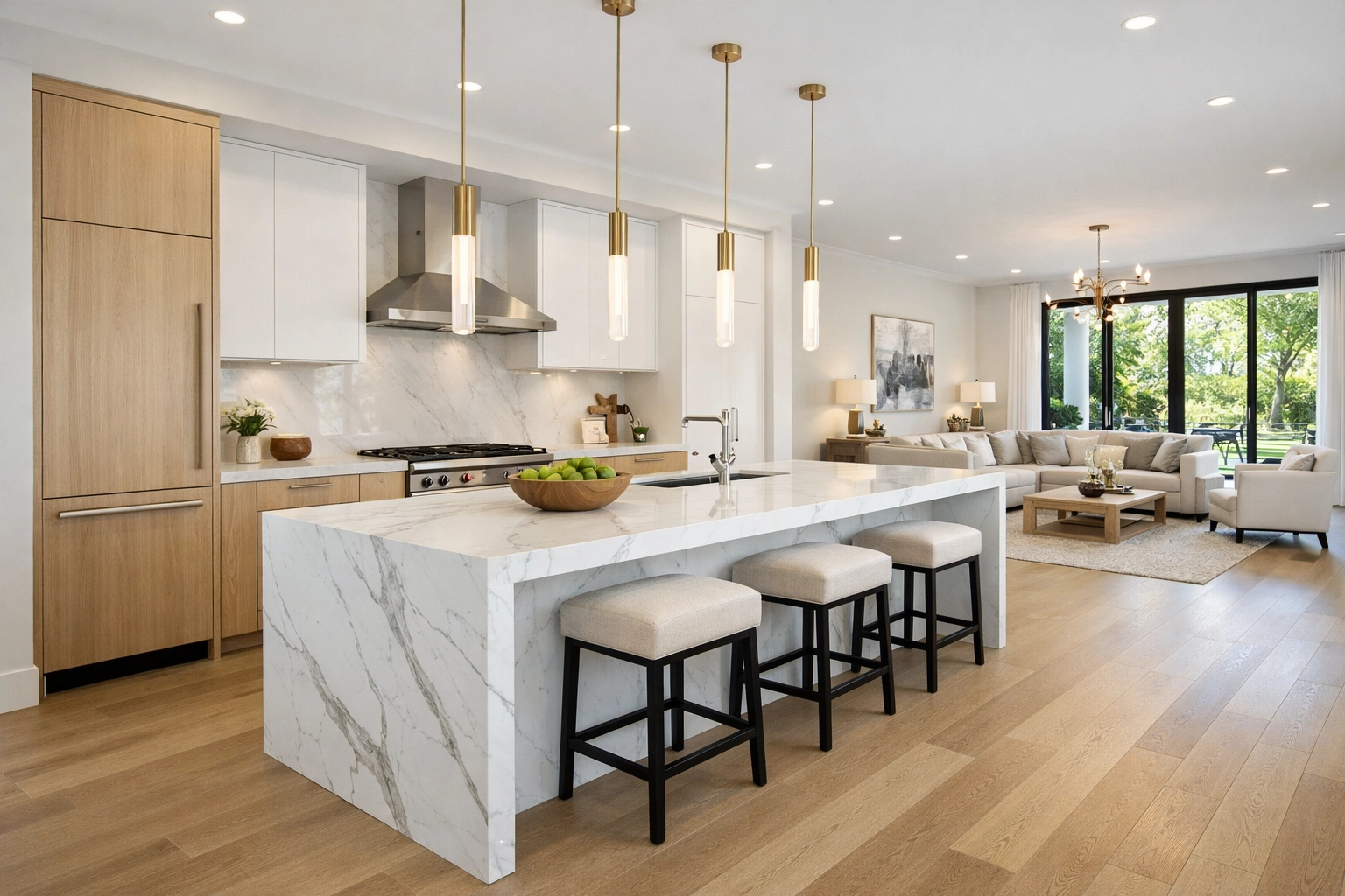 Newly constructed luxury kitchen and living area in Palm Beach County, ideal for move-in ready relocation.