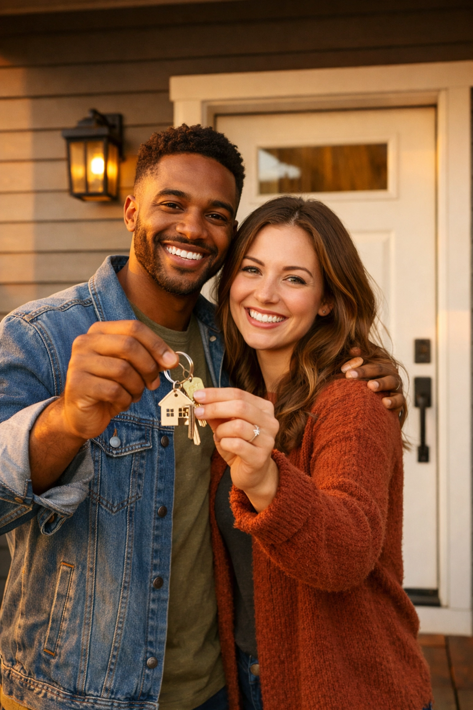 First-time buyers with keys to an affordable manufactured home in Houston area.