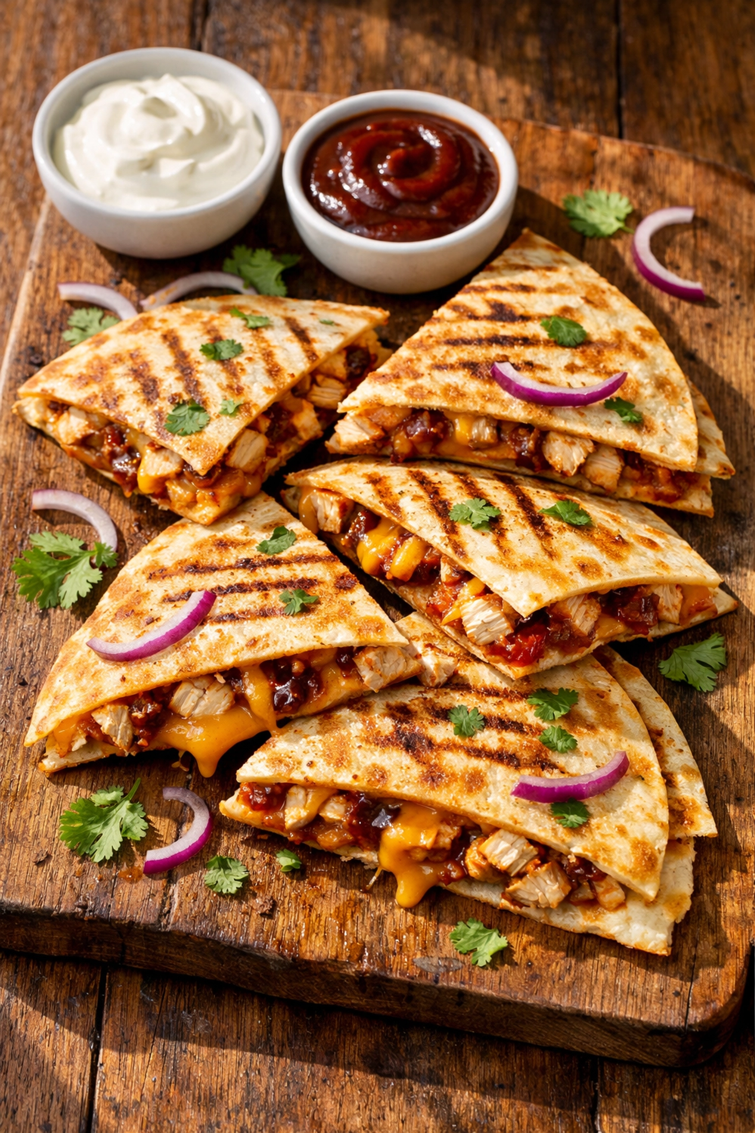 Golden BBQ chicken quesadillas sliced into wedges with melted cheese and dipping sauces