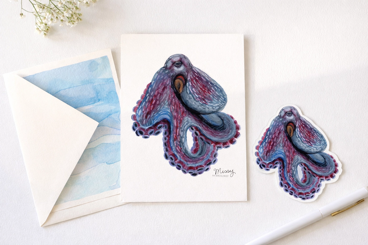 Missy’s original, hand-signed Ncuga Octopus watercolor print from the Monthly Animal Print Club