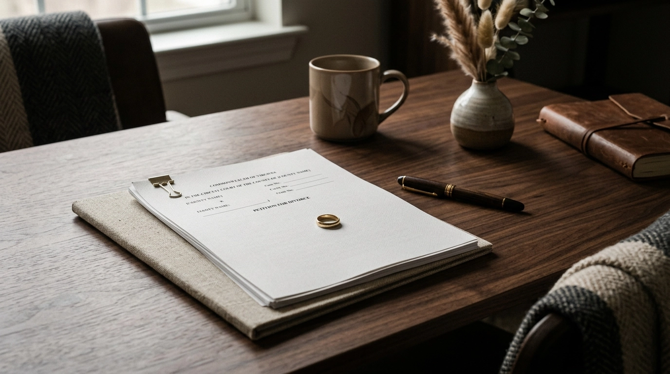 Moody professional boho chic divorce papers and wedding ring on a dark walnut desk