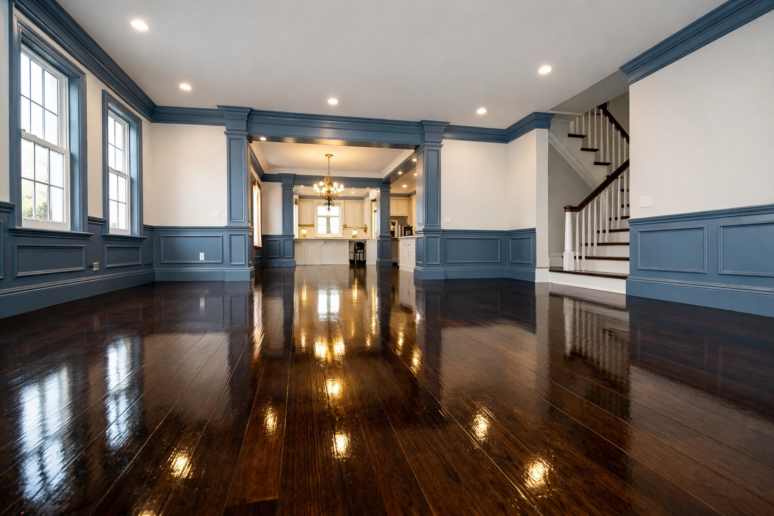 Pristine hardwood floors and clean walls following a professional move-out cleaning Cambridge service.