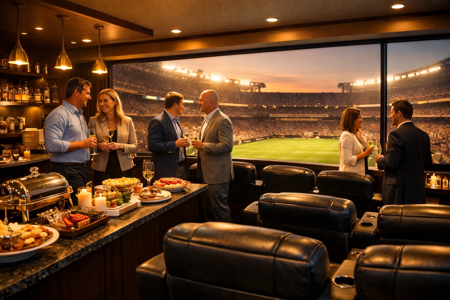 How to Turn Super Bowl Corporate Travel Into a Million-Dollar Branding Opportunity (5-Step Executive Guide) Executives networking in luxury Super Bowl suite with stadium field view