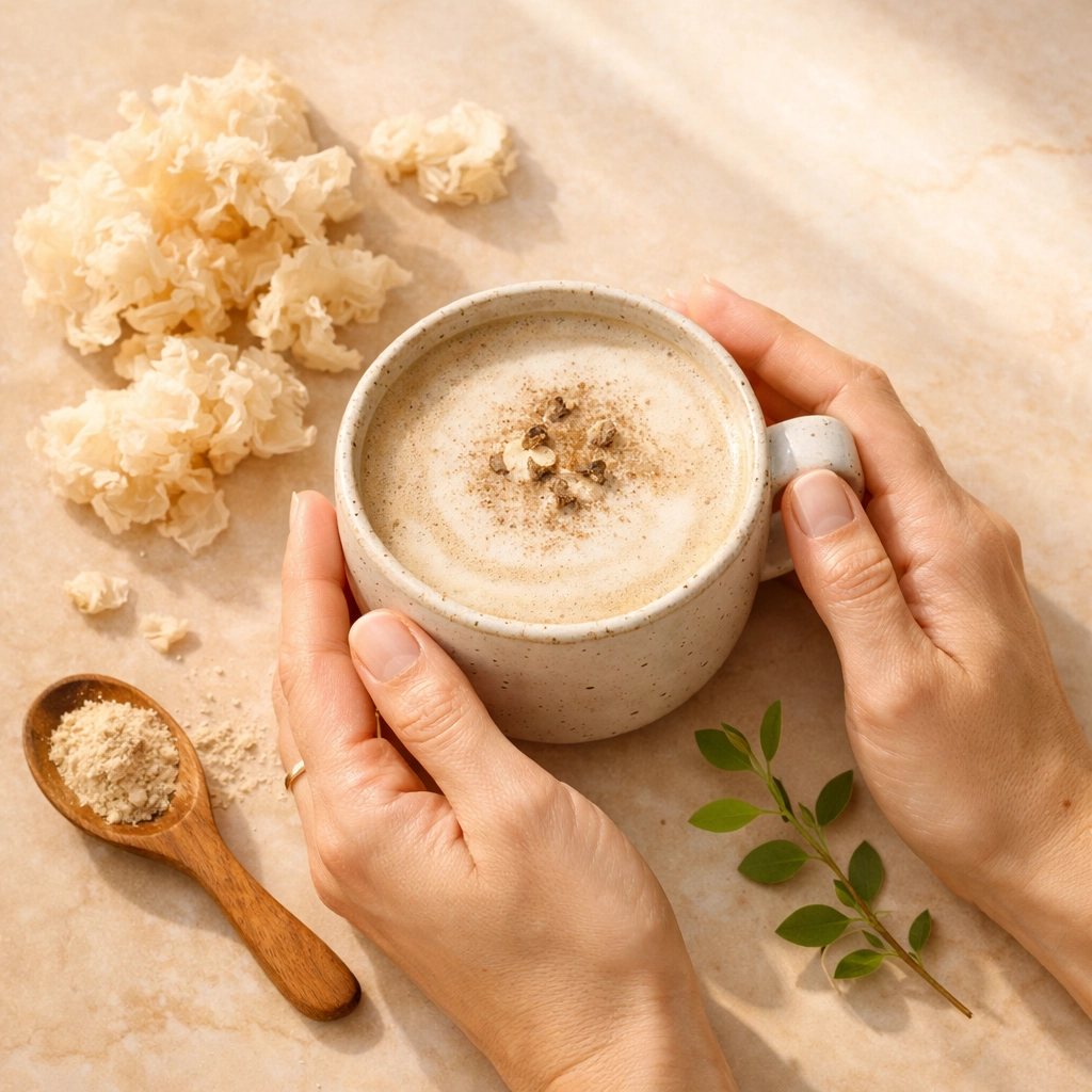 Creamy Teelixir mushroom latte with Tremella for skin hydration and natural beauty