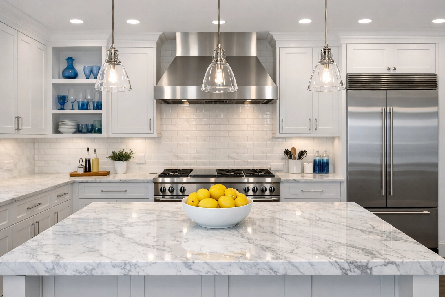 Polished chef's kitchen with marble island reflecting professional residential cleaning Massachusetts standards in a luxury home.