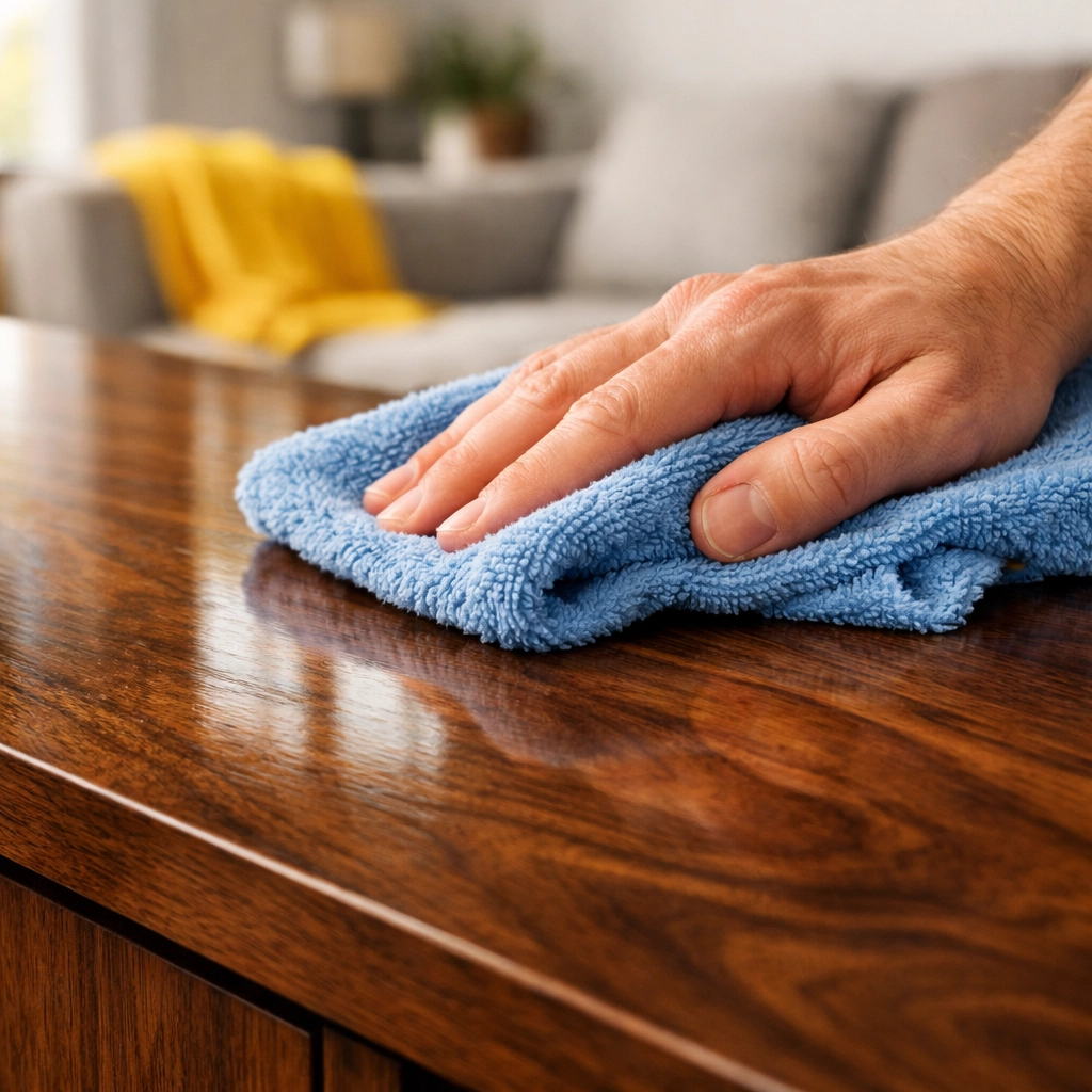 Close-up of professional house cleaning on a wood table using a microfiber cloth for a streak-free finish.