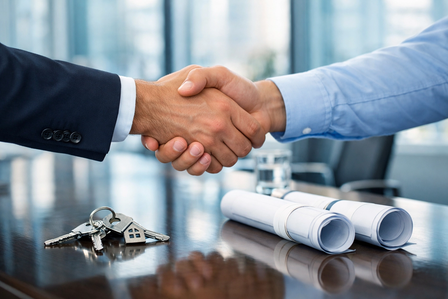 Professional handshake over property documents and keys at Florida title company closing