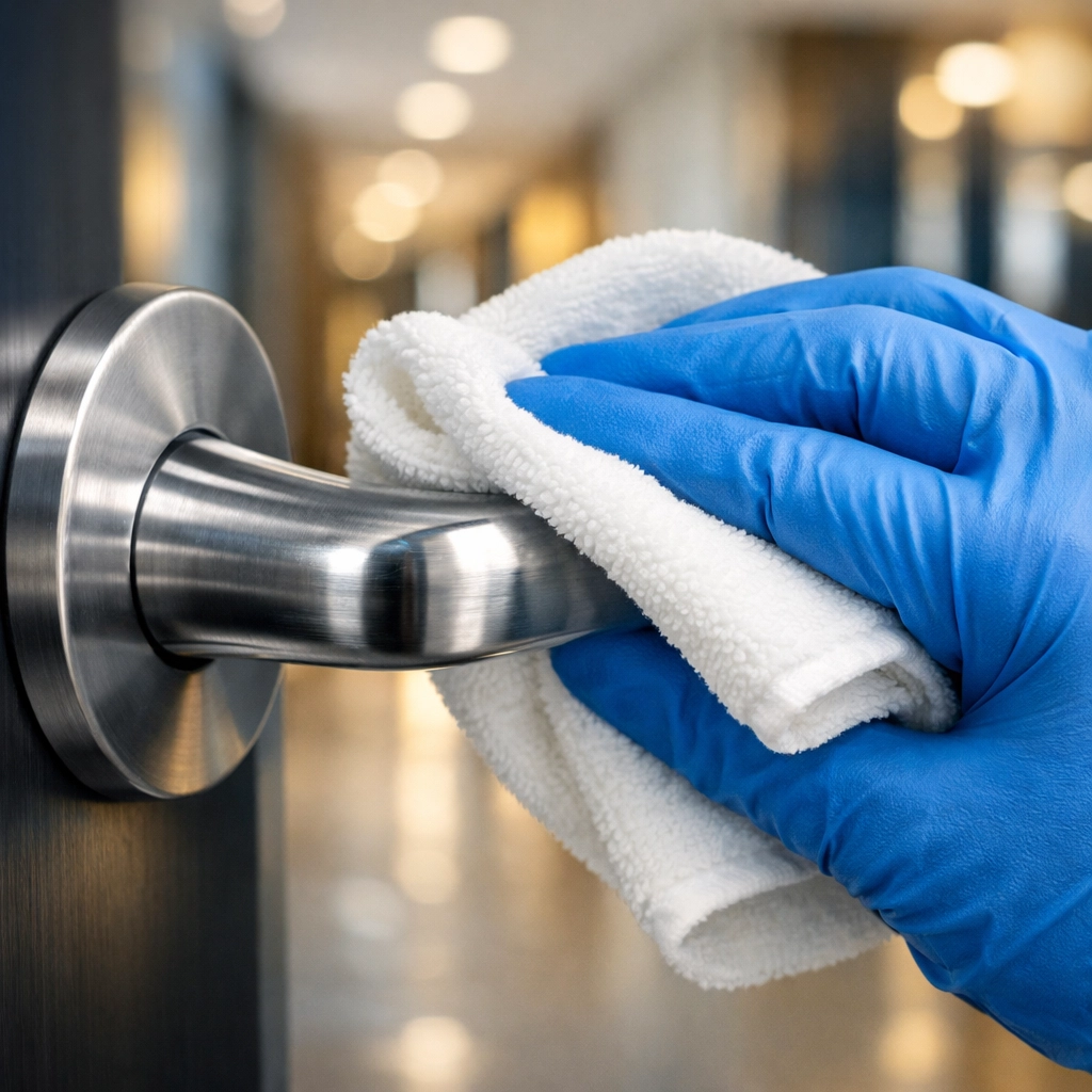 Professional cleaner sanitizing a metal door handle during commercial cleaning in Boston.