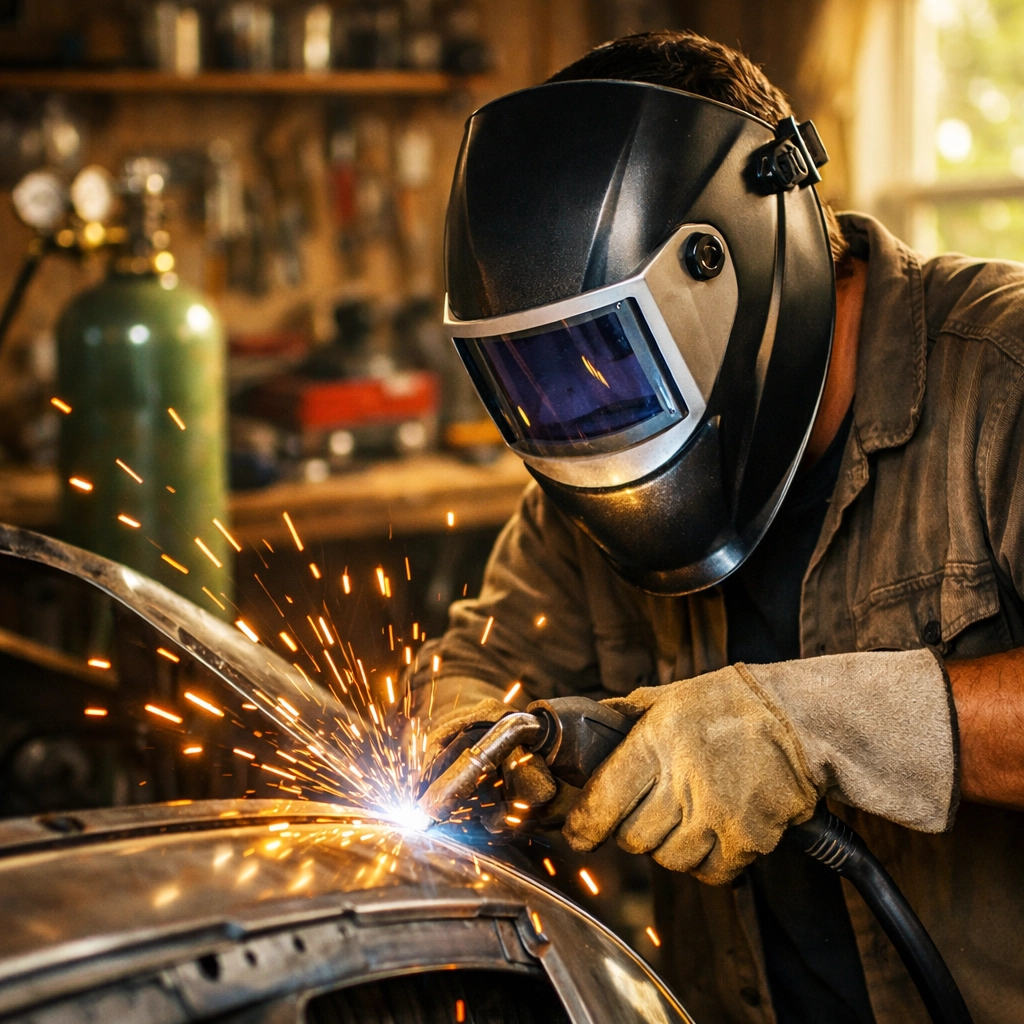 A DIY enthusiast MIG welding in a workshop using a 10L industrial welding gas cylinder.
