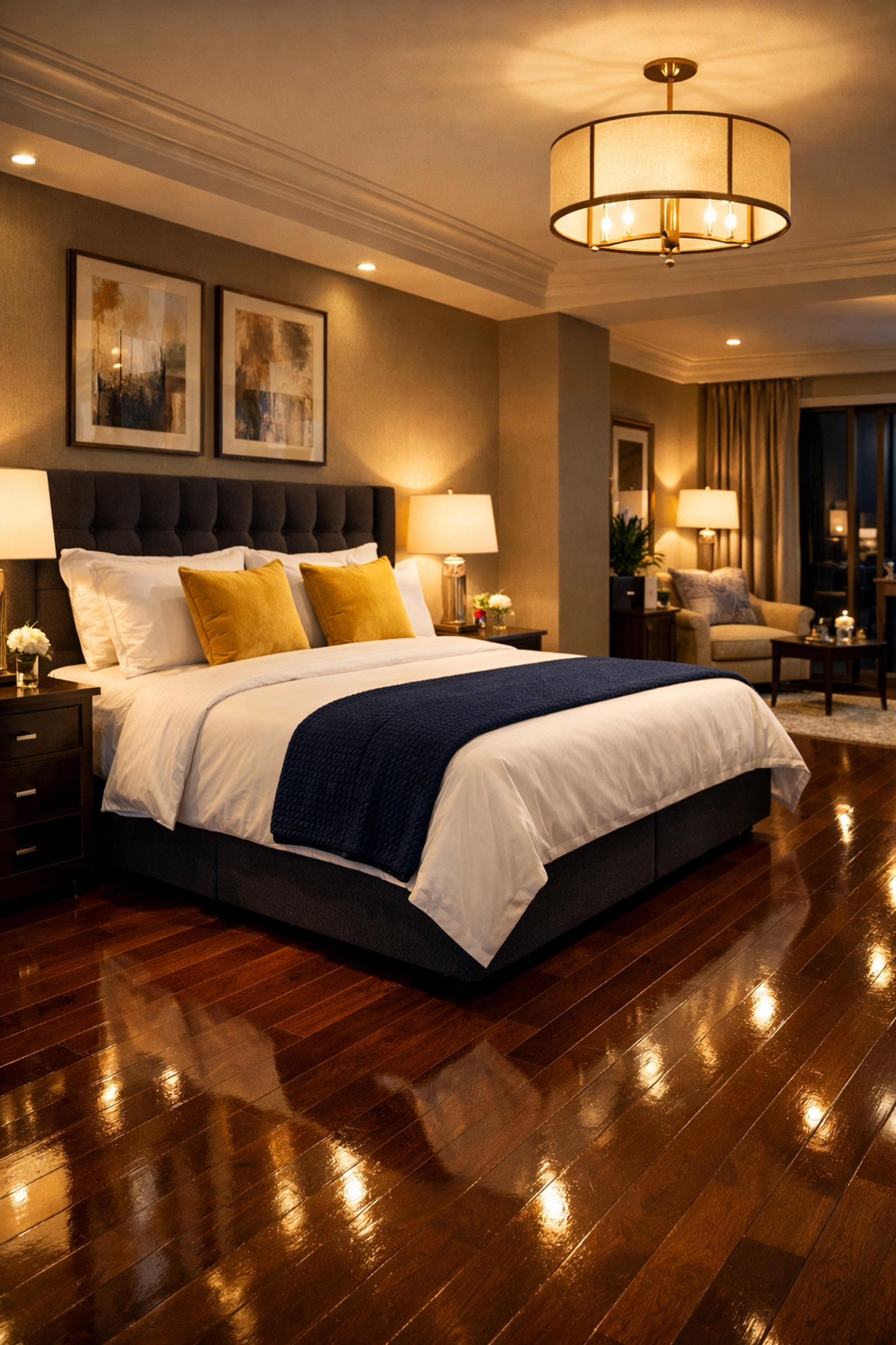 Luxury master bedroom with polished floors after a professional deep cleaning Lowell service.