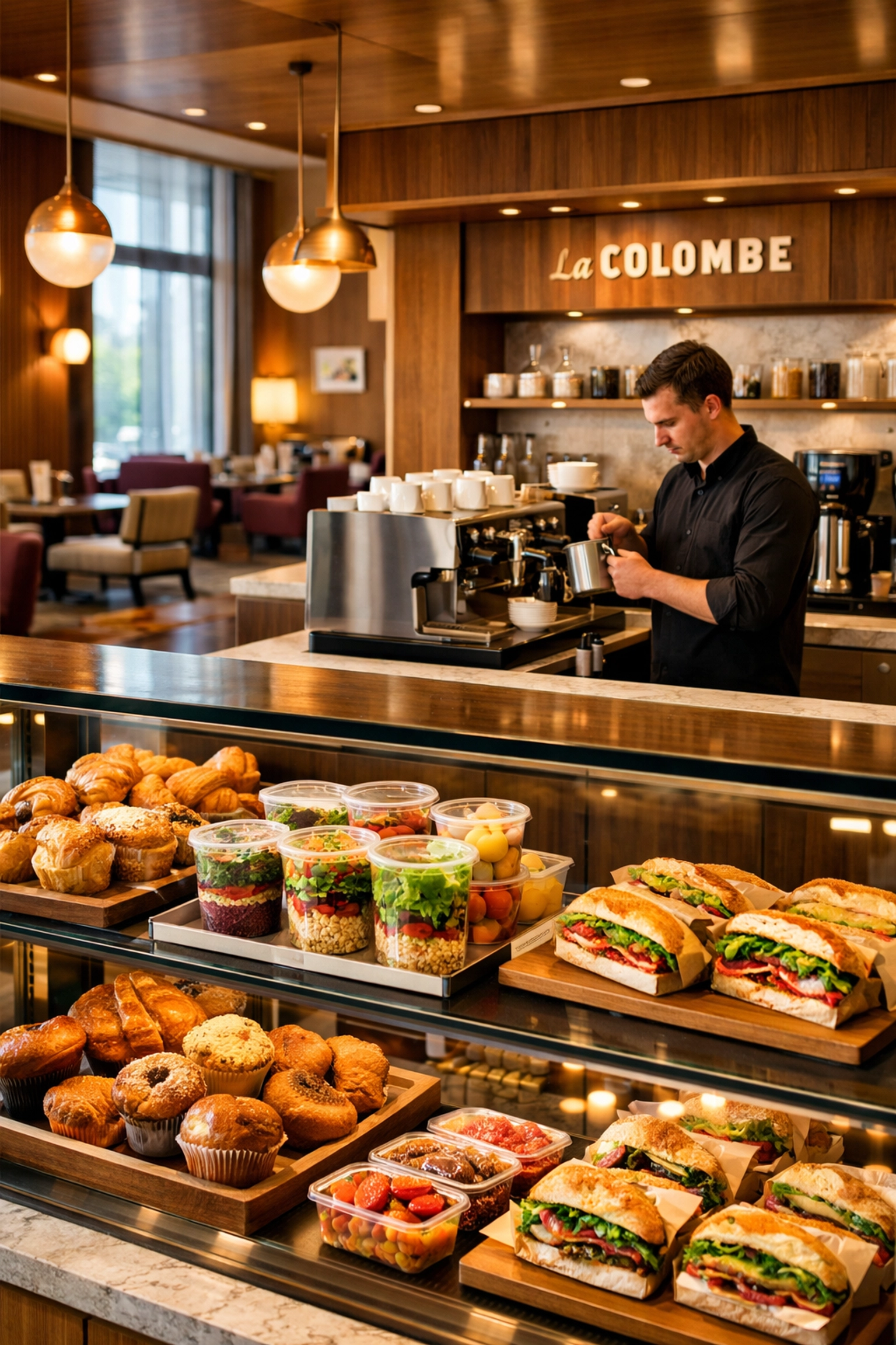 Junction Café at Hilton New Orleans Riverside interior with grab-and-go items and coffee bar