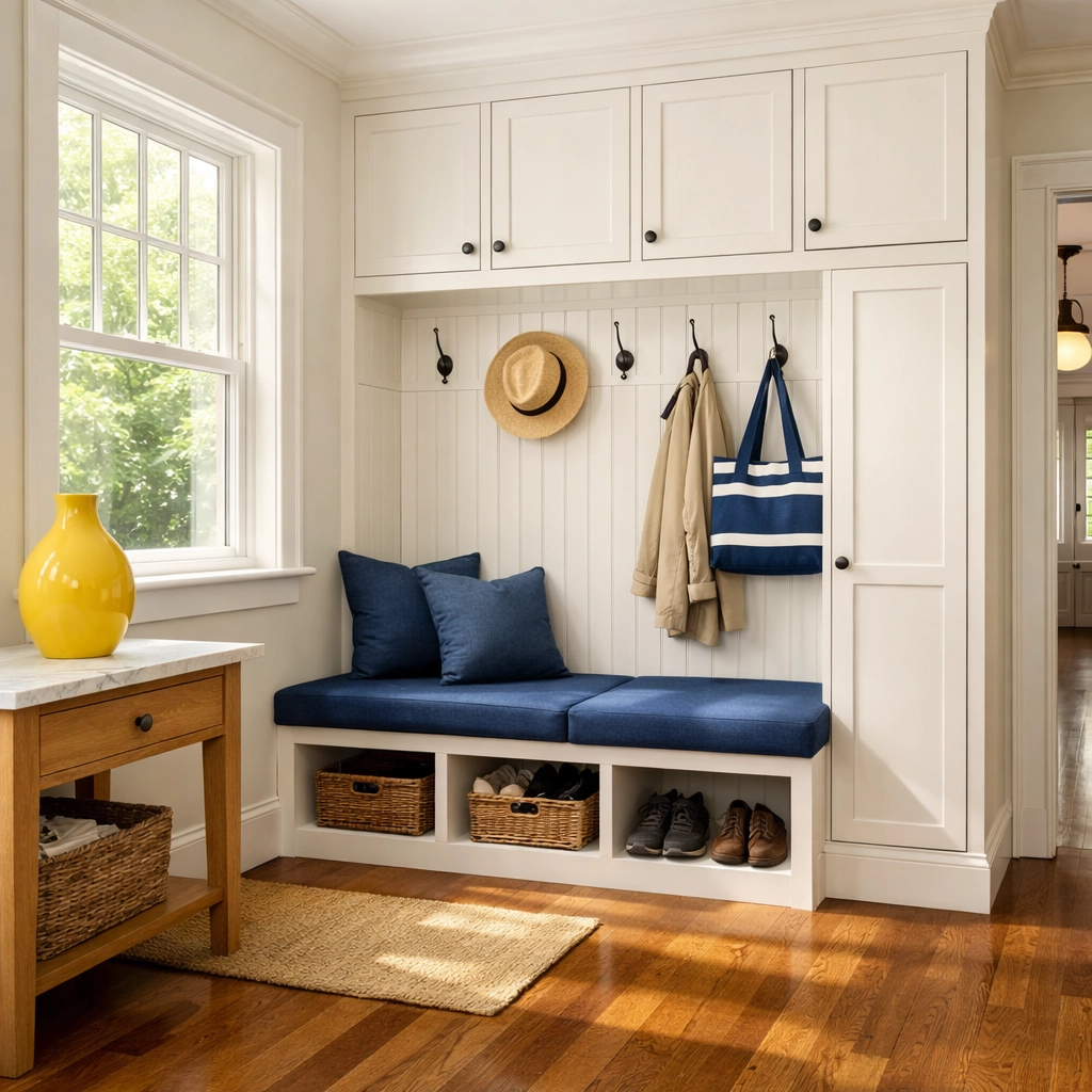 A sunlit, organized mudroom entryway showing the results of professional weekly house cleaning in Harvard MA.