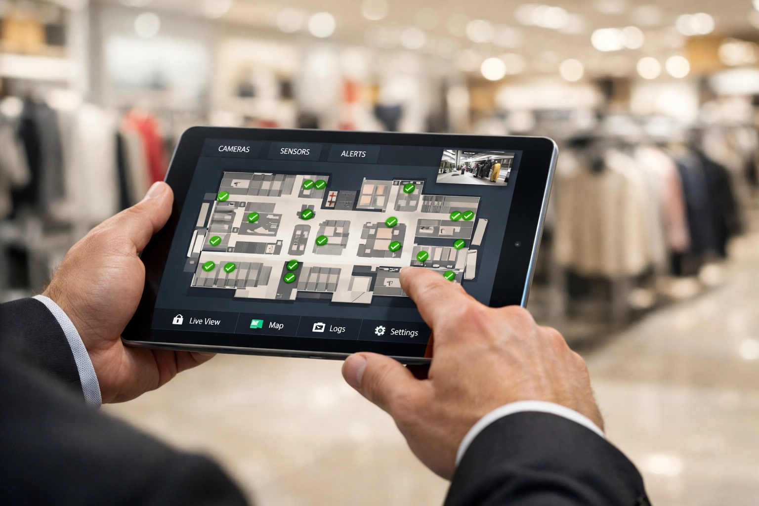 A security officer using a digital tablet to manage integrated retail security and loss prevention systems.