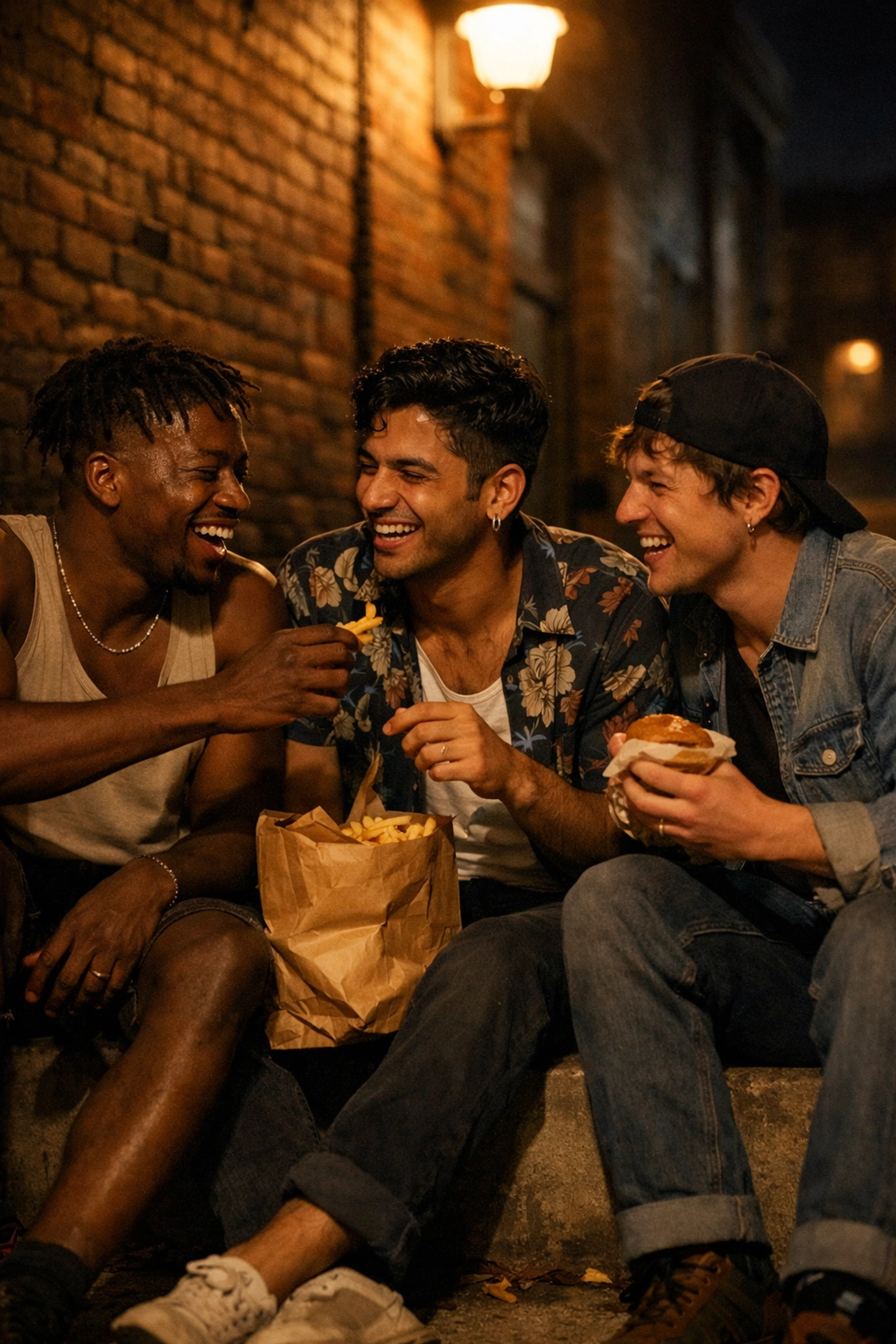 A group of young men sharing food and laughter on an urban street corner, representing found family in queer fiction.