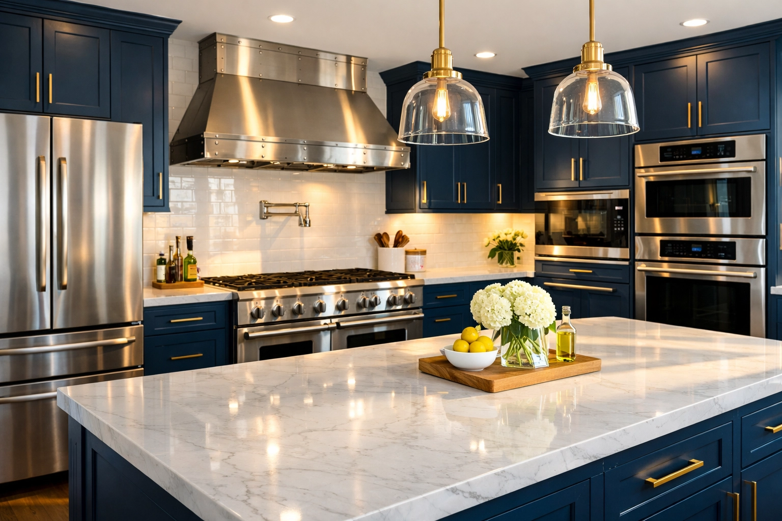 Spotless luxury kitchen with polished marble counters and clean appliances from move-out cleans.