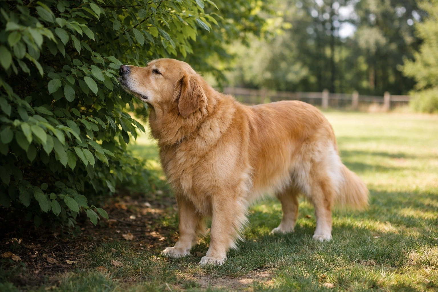 Golden Retriever enjoying natural shade and sensory exploration at Green Acres K-9 Resort in Boring, Oregon.