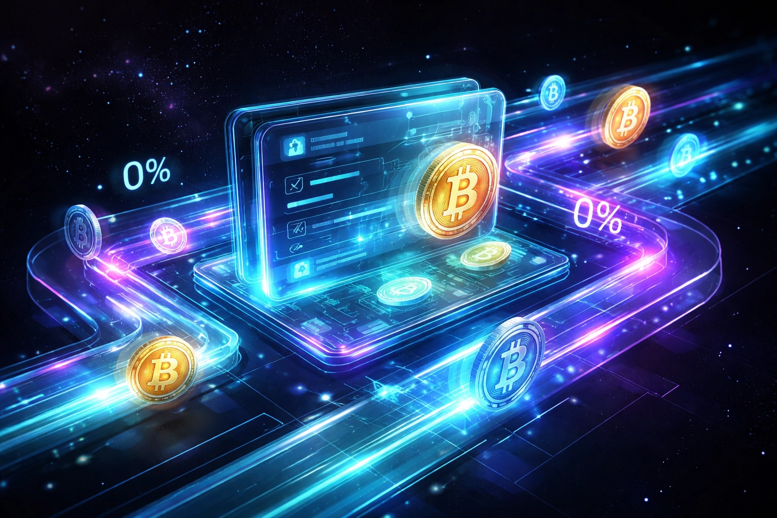 Digital wallet and cryptocurrency transaction pathways in space symbolizing reduced payment processing fees with Larecoin
