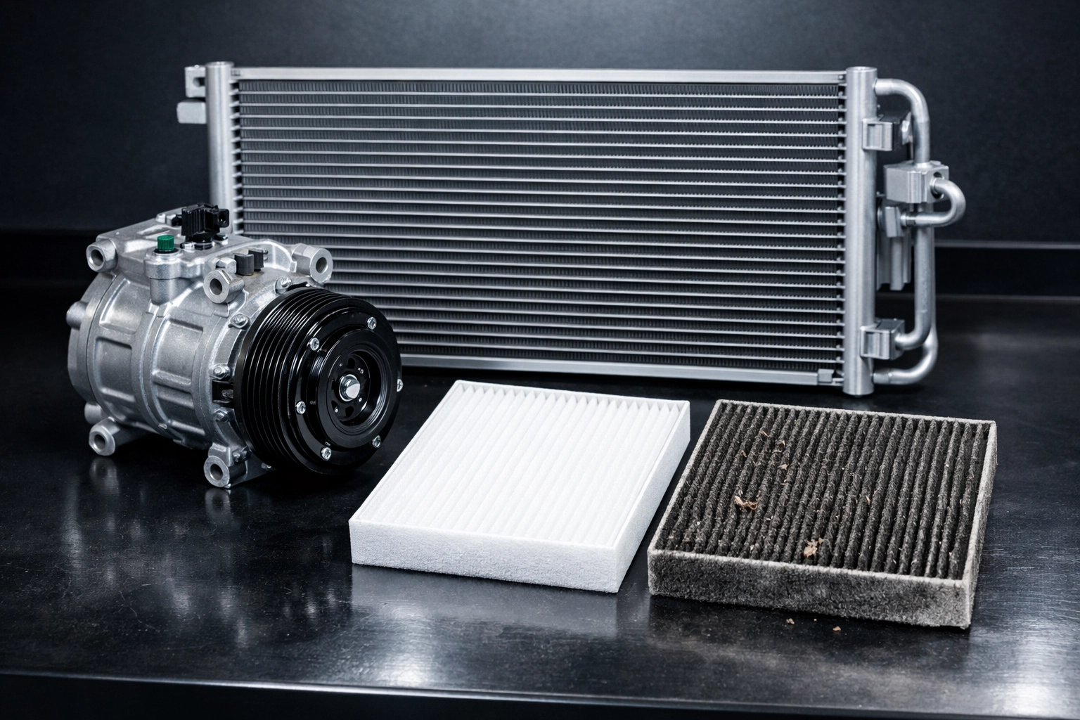 Comparison of clean and dirty cabin air filters next to an AC compressor for auto repair in Clarkrange TN.