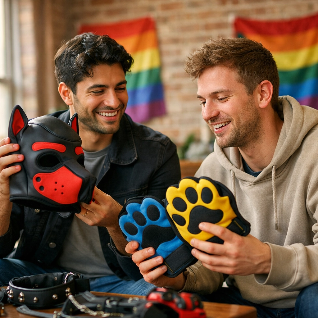 Two men exploring puppy play hoods and mitts in LGBTQ+ community setting