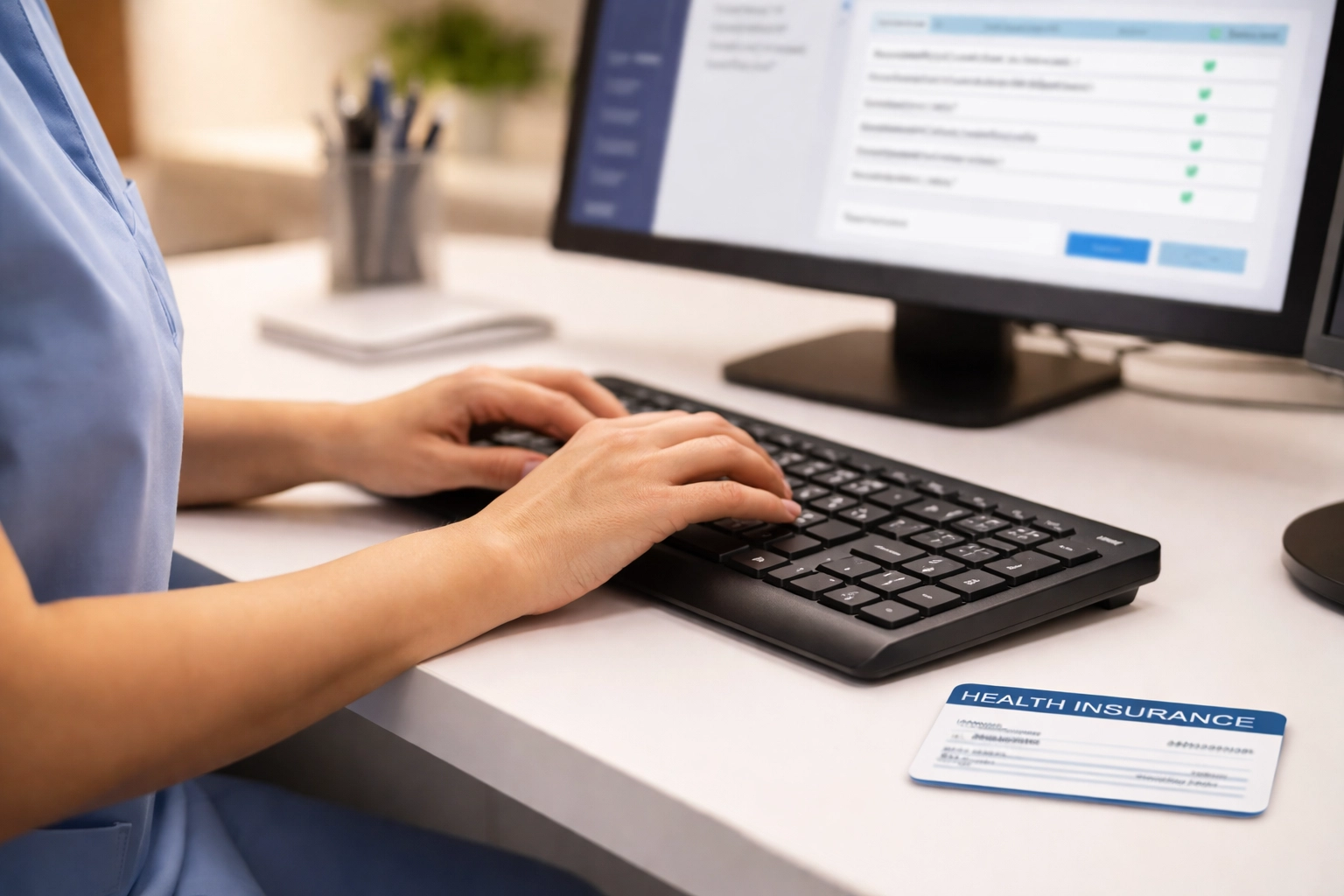 Front desk staff verifying insurance details on computer, demonstrating key step in healthcare administrative services.