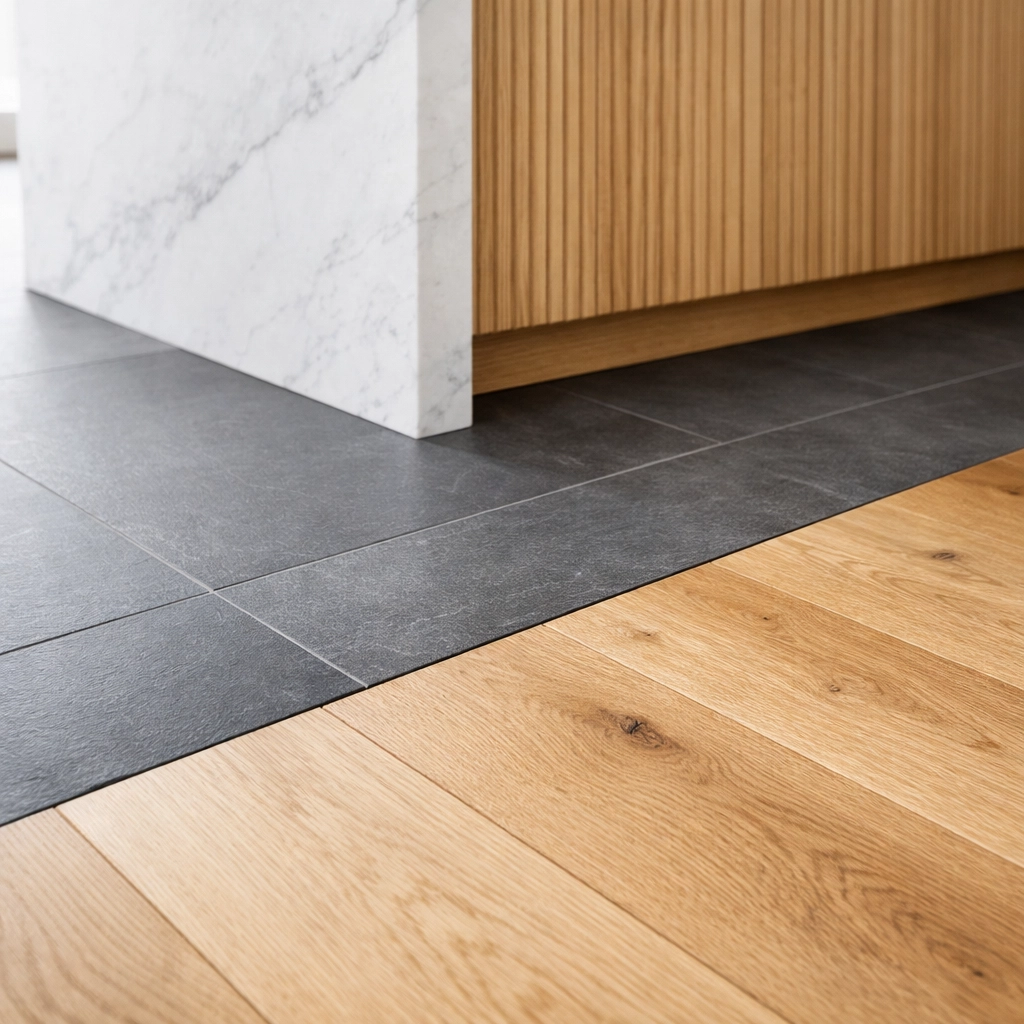 Elegant kitchen floor transition from a renovation company Vancouver showing slate tiles and hardwood flooring.