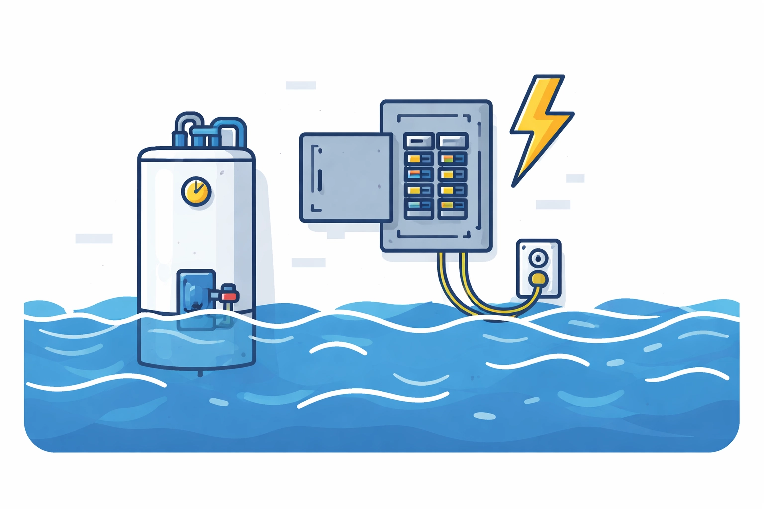Vector of a flooded utility room with water near electrical panel, illustrating electrical hazards during sewage clean up.