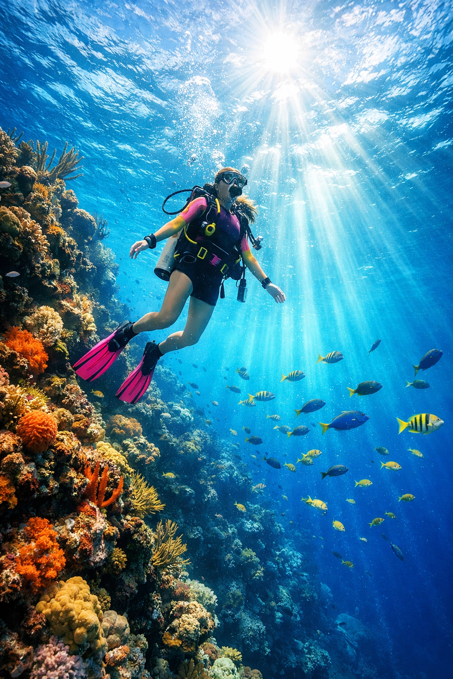 Scuba diver exploring vibrant coral reef wall in Puerto Rico Caribbean waters