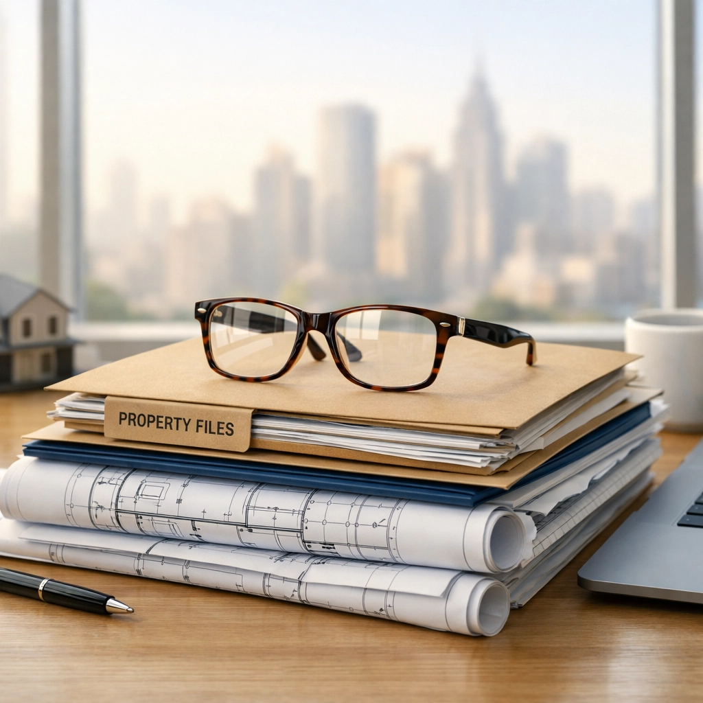 Professional office desk with property folders for a thorough title search in complex bankruptcy sales.
