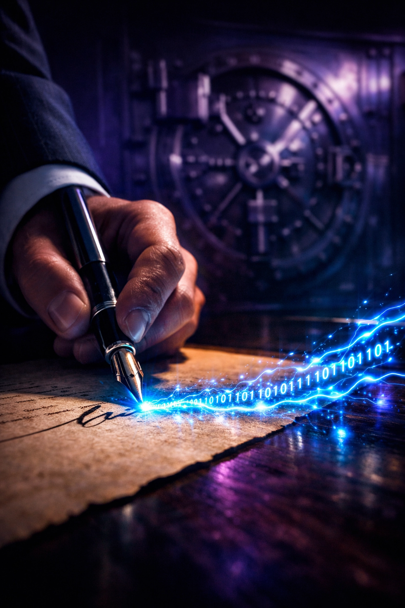 A hand signing a promissory note that turns into digital code entering a bank vault, representing financial securitization.
