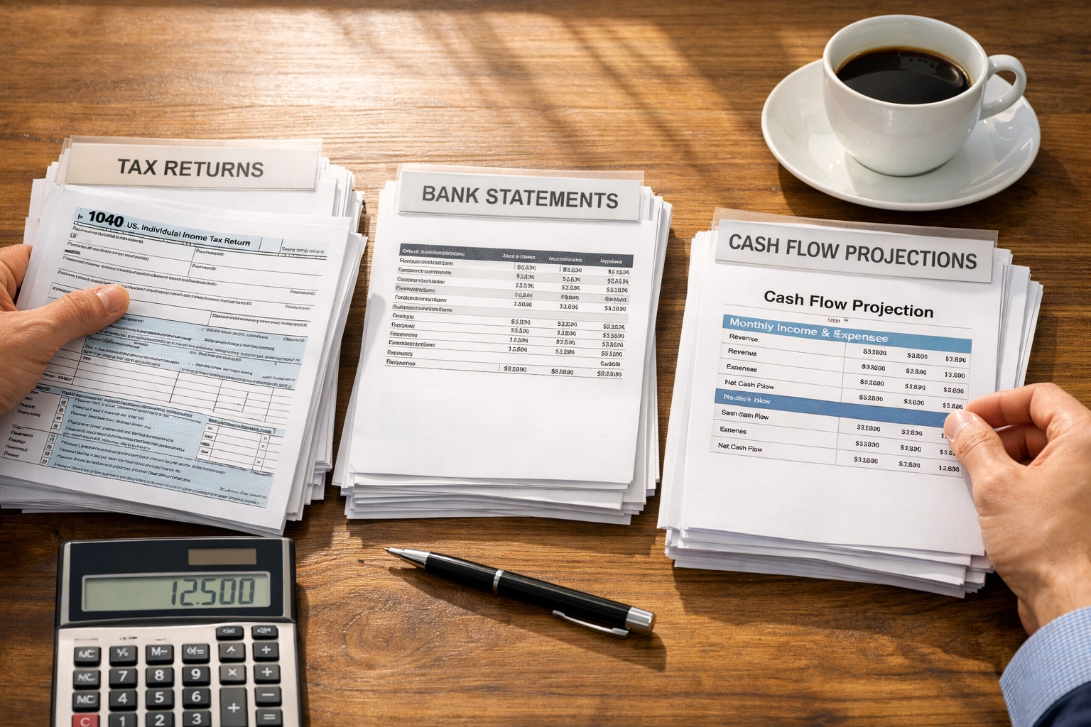 Organizing business loan application documents including tax returns and financial statements