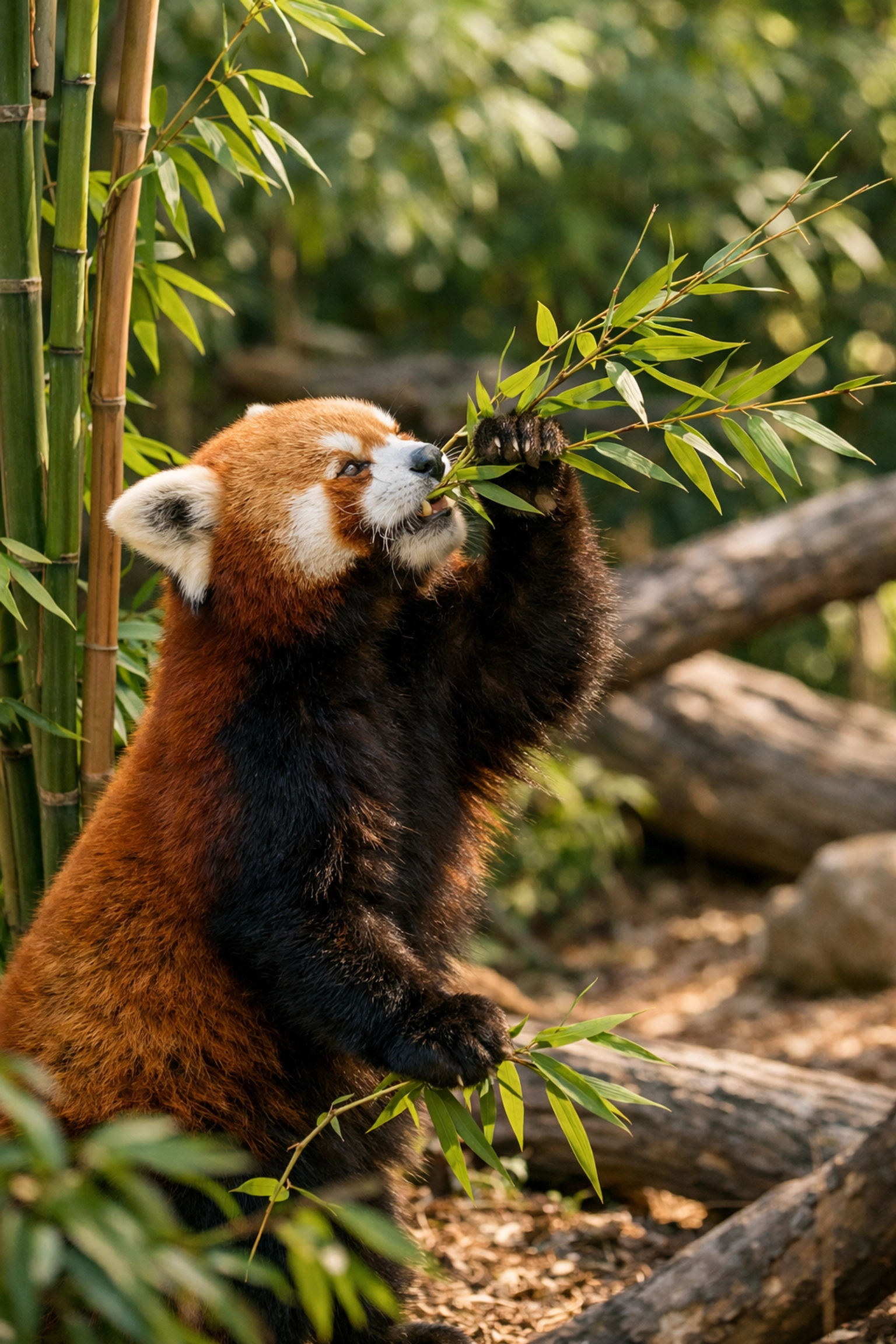Red panda reaching for bamboo in naturalistic zoo enclosure with natural lighting