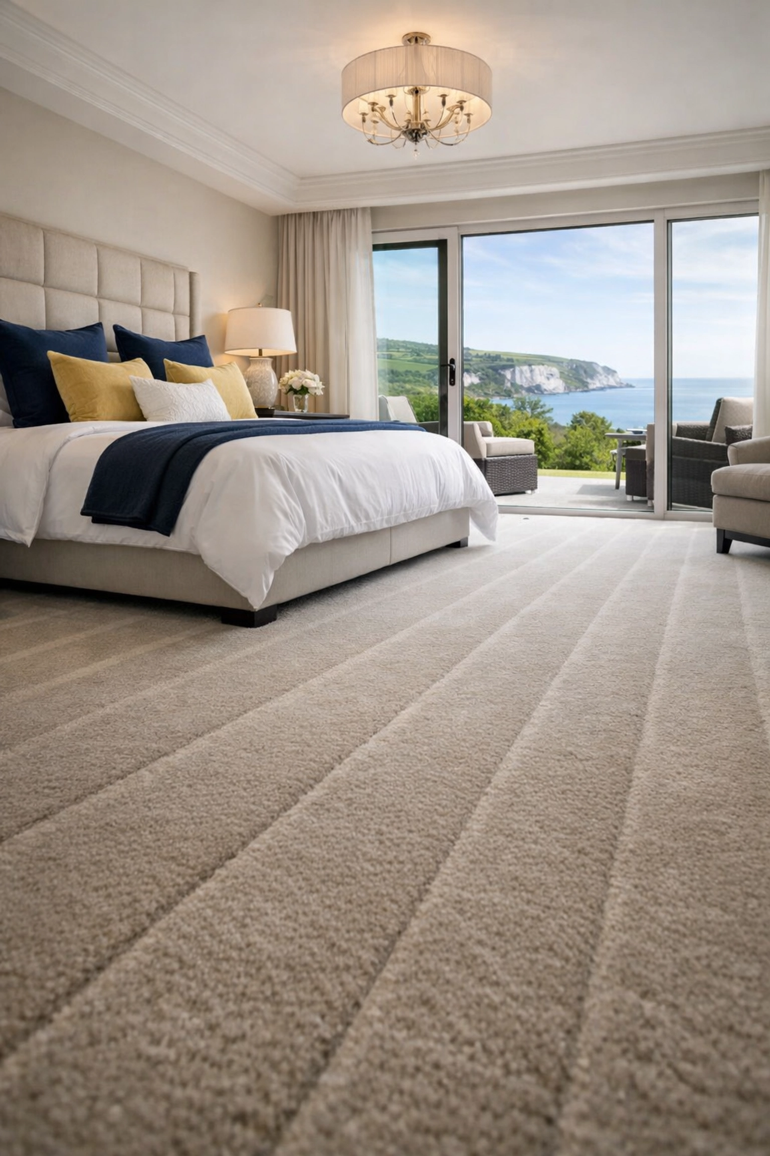 A serene luxury bedroom suite after expert residential cleaning Massachusetts in a Dover home.