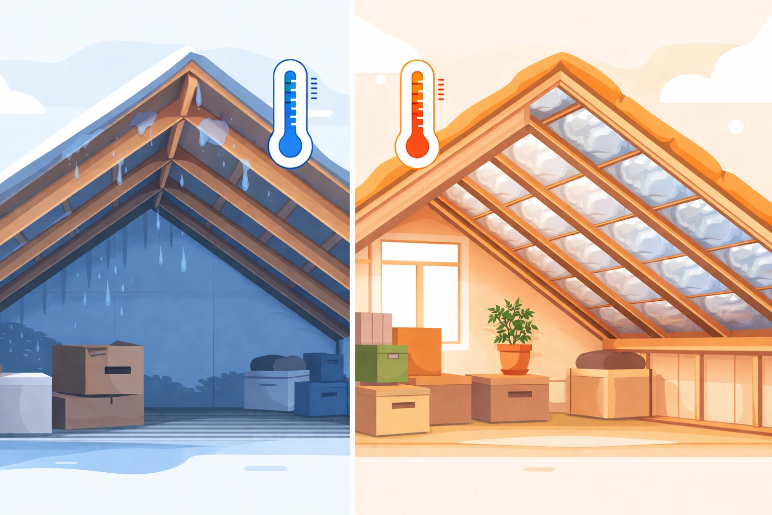 Side-by-side illustration comparing an uninsulated loft with condensation to a well-insulated, dry North West loft.