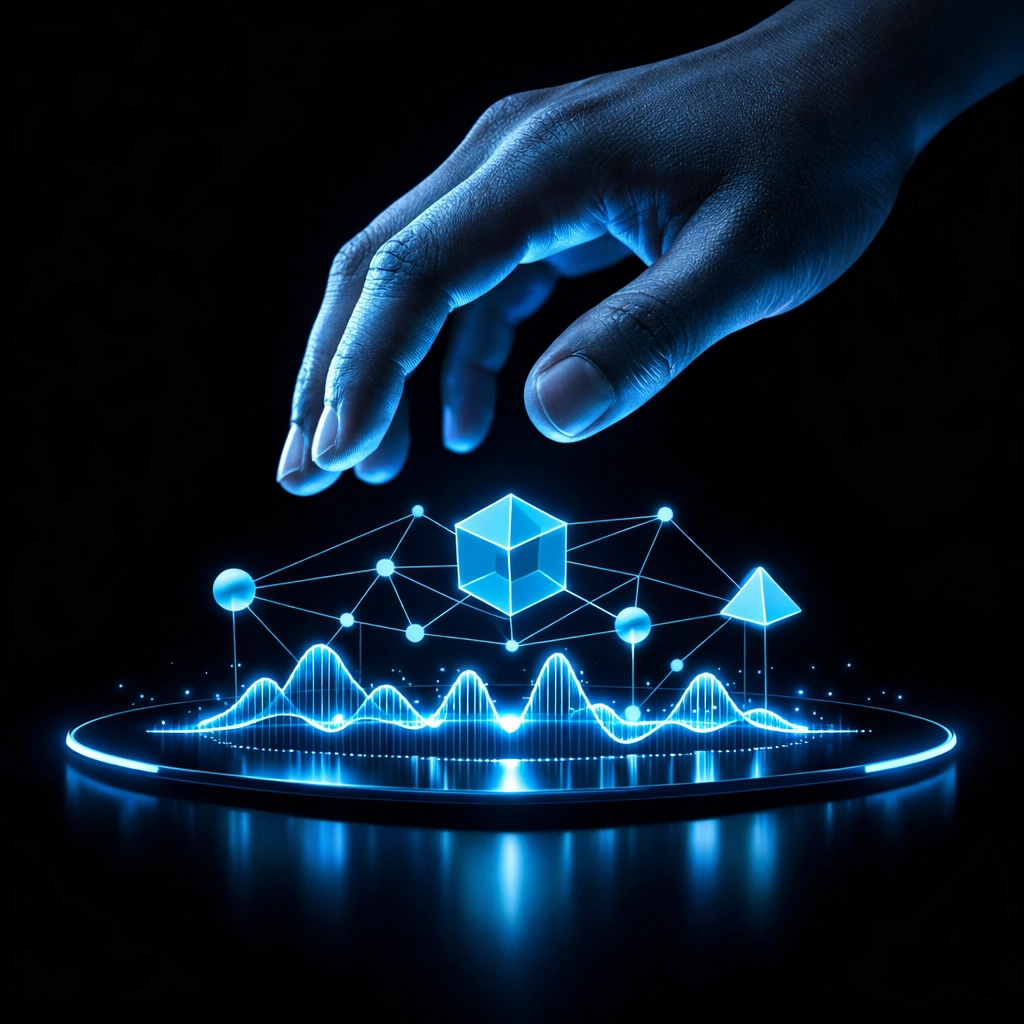 A human hand interacting with a glowing AI music interface representing human-centered co-writing.