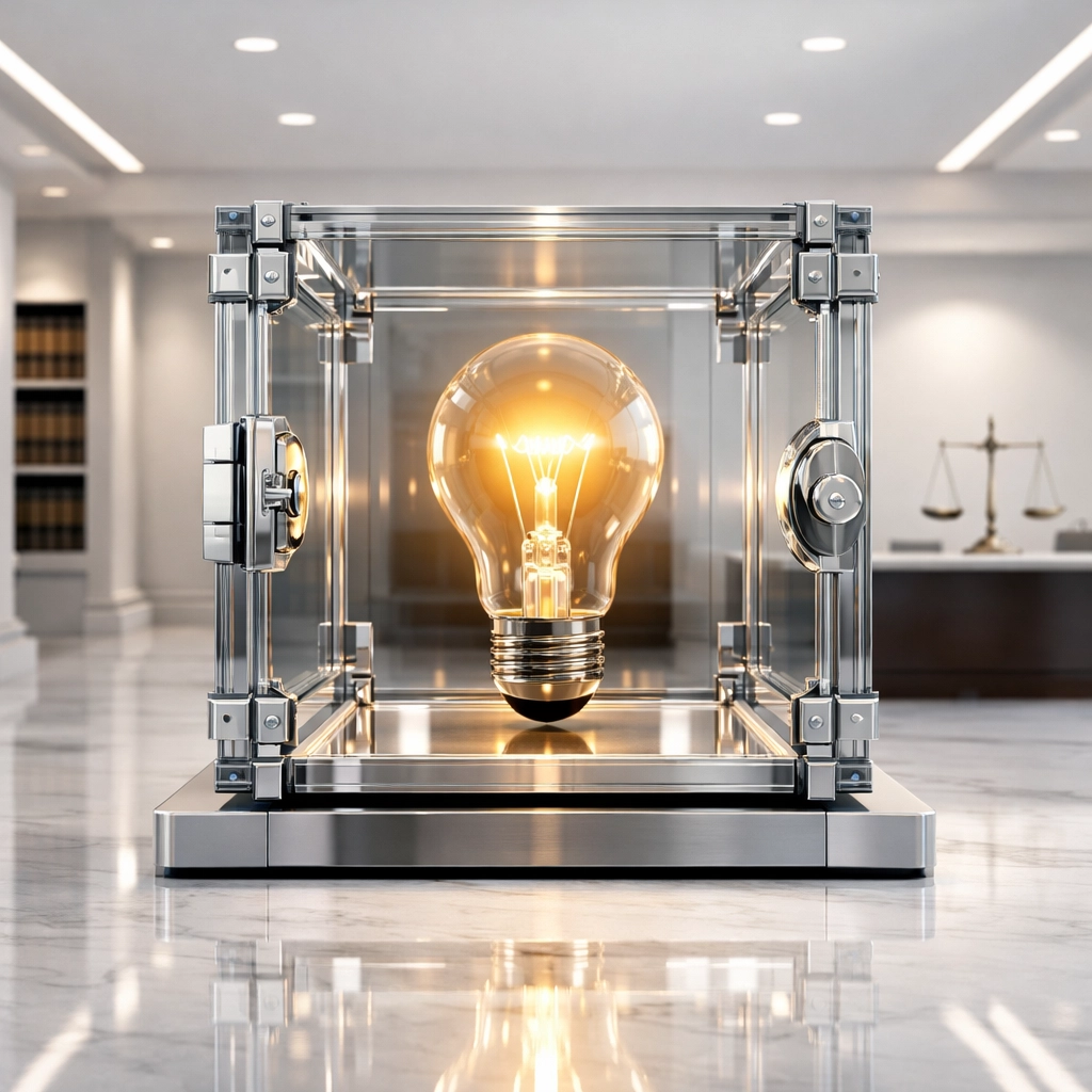 A glowing lightbulb secured in a glass vault representing intellectual property and patent protection.