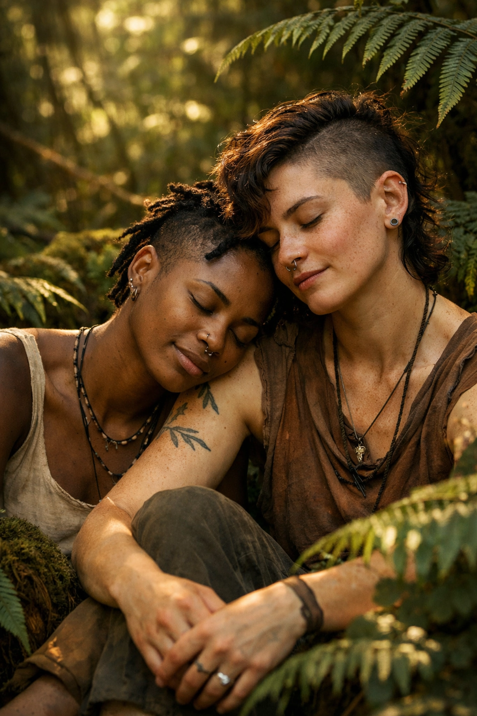 Non-binary people resting in a sunlit forest, celebrating the sacredness of queer identity and the divine in nature.