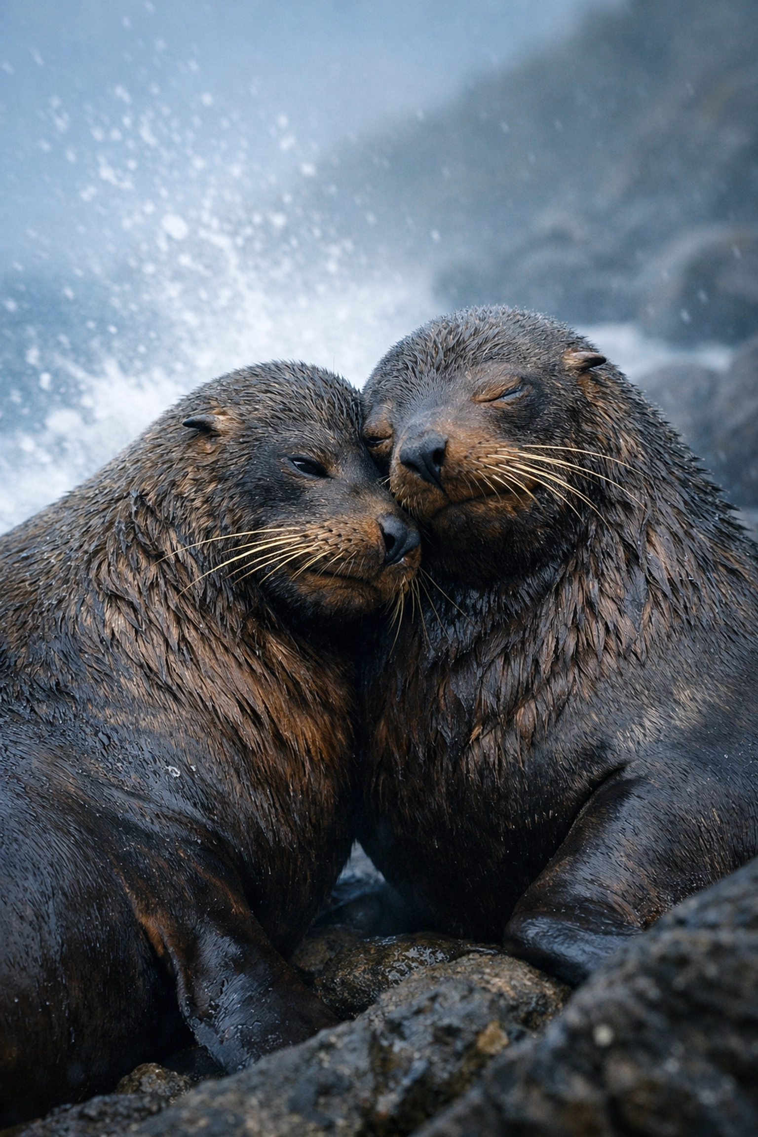 Two male sea lions nuzzling on a beach, illustrating the lifelong queer bonds and devotion found in MM romance stories.