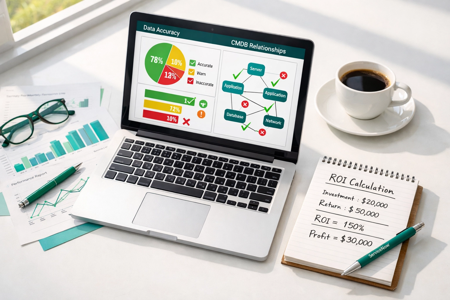 CMDB accuracy charts and ROI calculations on laptop showing ServiceNow audit analysis