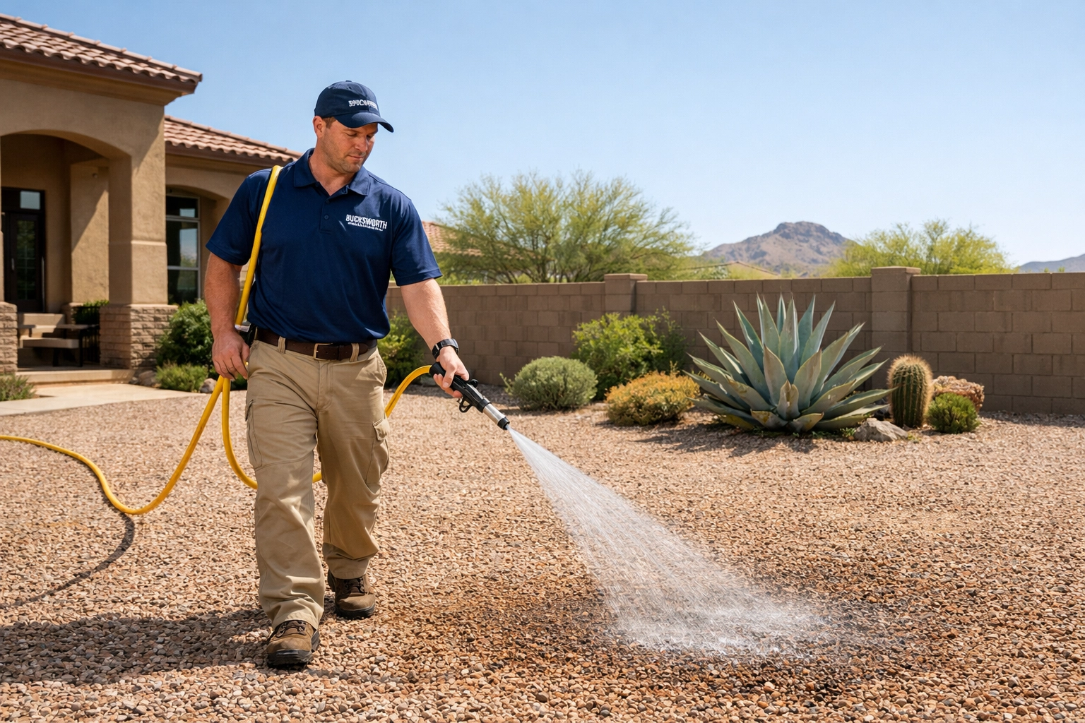 Bucksworth Home Services technician applying professional weed control treatment to a Scottsdale residential yard.