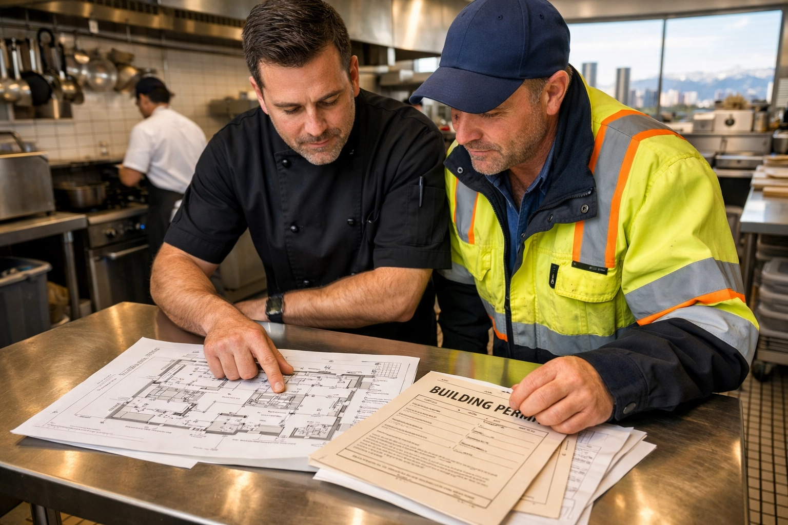 Plumber and kitchen manager reviewing grease trap site plans and permits in a Denver commercial kitchen.